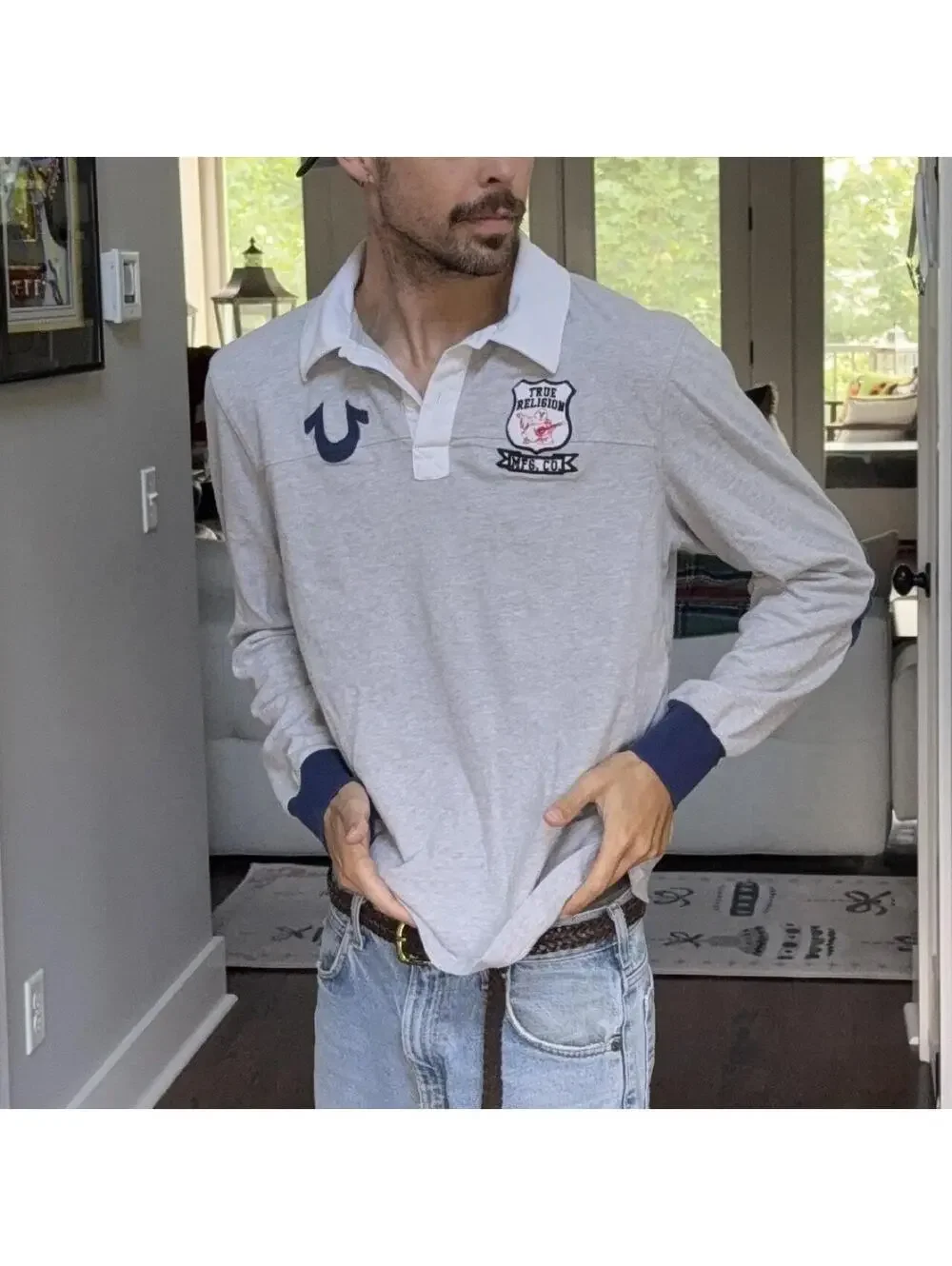 👕 True Religion Long Sleeve Rugby Polo Shirt Men’s XL Gray Y2K